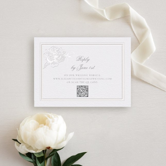 Respuesta de Boda QR elegante y formal Peony Moder (peony wedding rsvp reply QR formal modern classic traditional calligraphy double frame faux embossed)