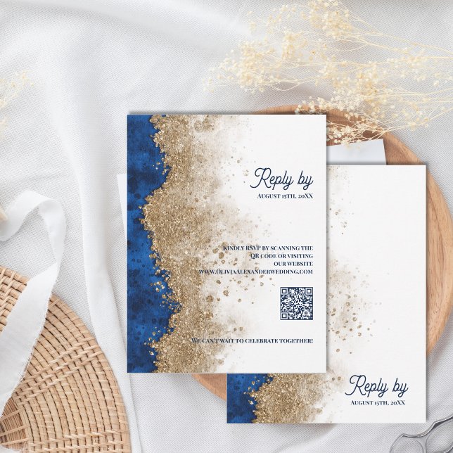 Respuesta de Boda Royal Blue y Oro con Código QR (Royal Blue & Gold Wedding RSVP with QR Code | Modern Elegant Response Card)