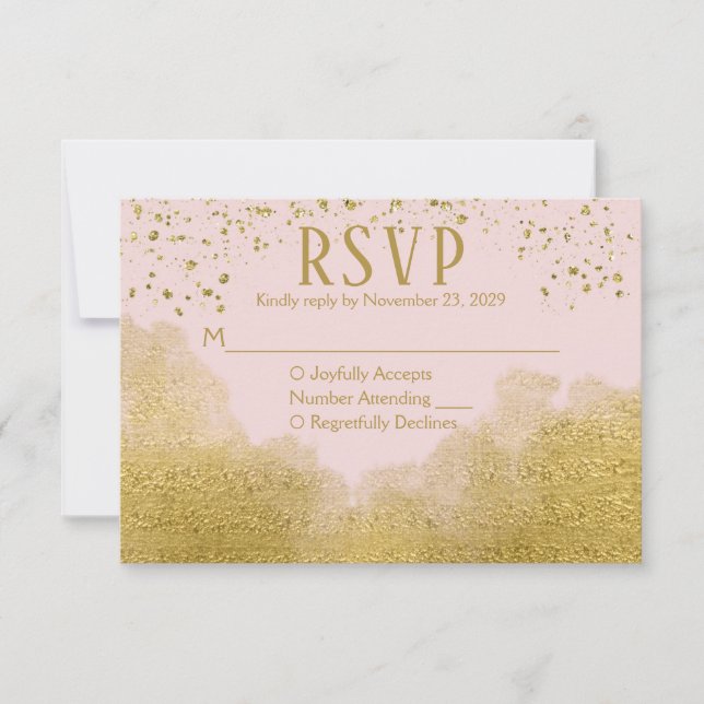 Respuesta de Boda RSVP de Confetti de Oro Rosado (Anverso)