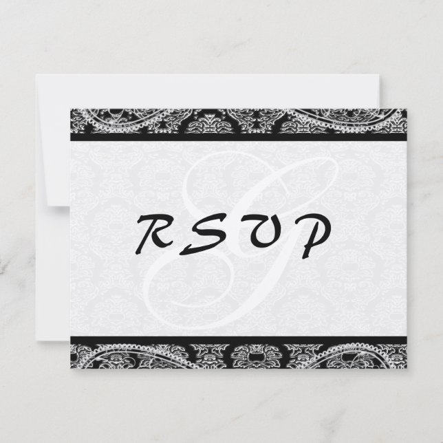 Respuesta de la boda monograma negro Damask RSVP (Anverso)
