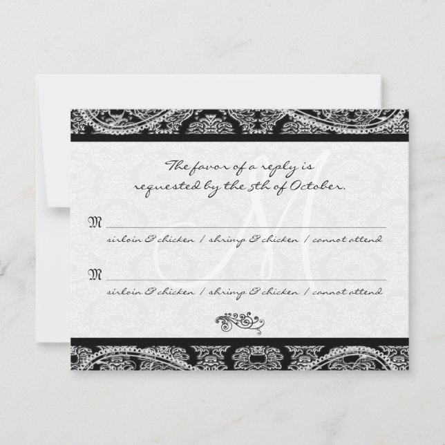 Respuesta de la boda monograma negro Damask RSVP (Anverso)