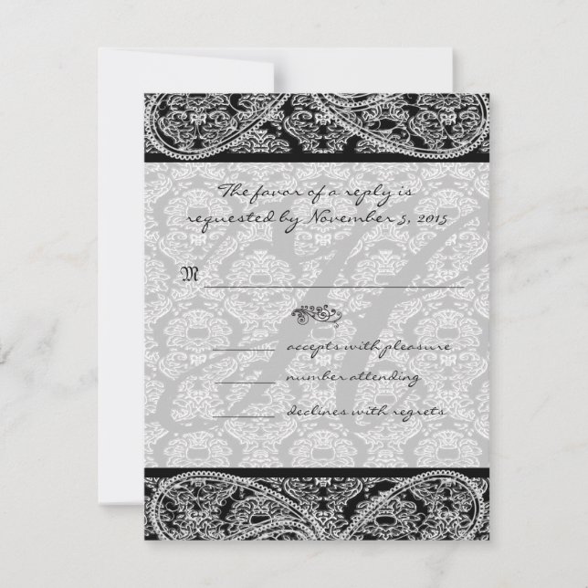 Respuesta de la boda monograma negro Damask RSVP (Anverso)
