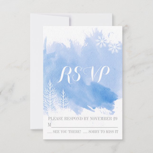 Respuesta de RSVP a boda de invierno azul acuarela (Anverso)