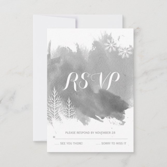 Respuesta de RSVP a boda de invierno gris de acuar (Anverso)