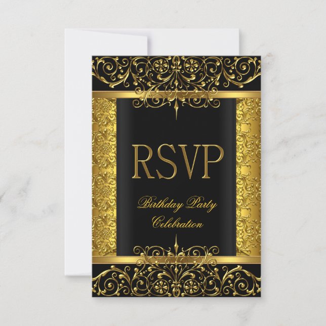 Respuesta de RSVP Damask Oro negro en oro (Anverso)