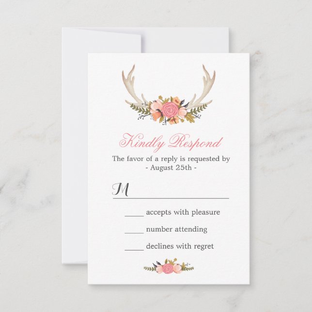 Respuesta de RSVP de Boda Floral de venado Antler (Anverso)