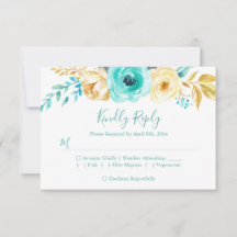 Respuesta de RSVP de boda floral dorada turquesa d