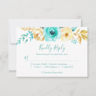 Respuesta de RSVP de boda floral dorada turquesa d