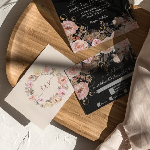 Respuesta de RSVP de Floral Negro Boho Rosa Dorado