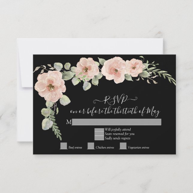 Respuesta de RSVP de Floral Negro Boho Rosa Rubor  (Anverso)