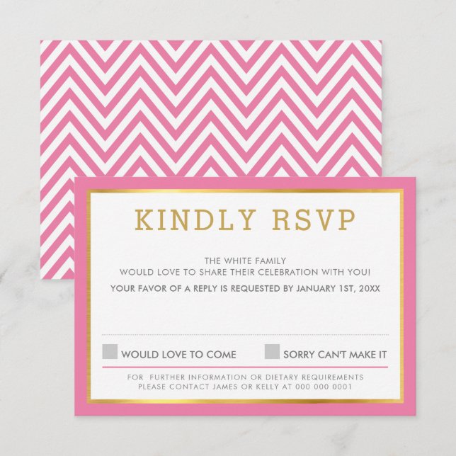 RESPUESTA DE RSVP patrón de chevron simple rosa  (Anverso / Reverso)