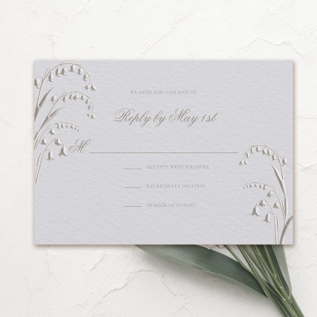 Respuesta del Boda clásico de Faux Grabado en reli (formal wedding rsvp reply response card classic traditional faux embossed lily of the valley ivory)