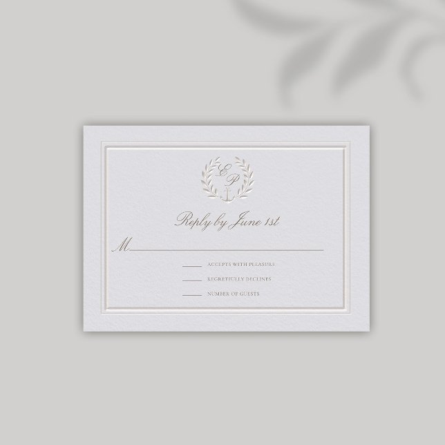 Respuesta del Boda de Ancla Náutica Grabado en rel (nautical wedding RSVP modern classic formal traditional faux embossed anchor crest monograms)