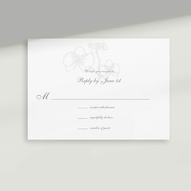 Respuesta del Boda de caligrafía Grabado en reliev (formal wedding response card rsvp reply faux embossed orchid modern classic traditional calligraphy)