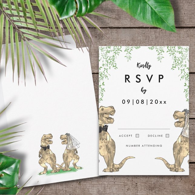 Respuesta del Boda de dinosaurios (T-Rex bride and groom dinosaur themed wedding invitation RSVP enclosure card)