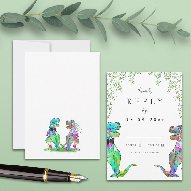Respuesta del Boda de los dinosaurios botánicos (Colorful dinosaur wedding invitation rsvp enclosure card with watercolor foliage )
