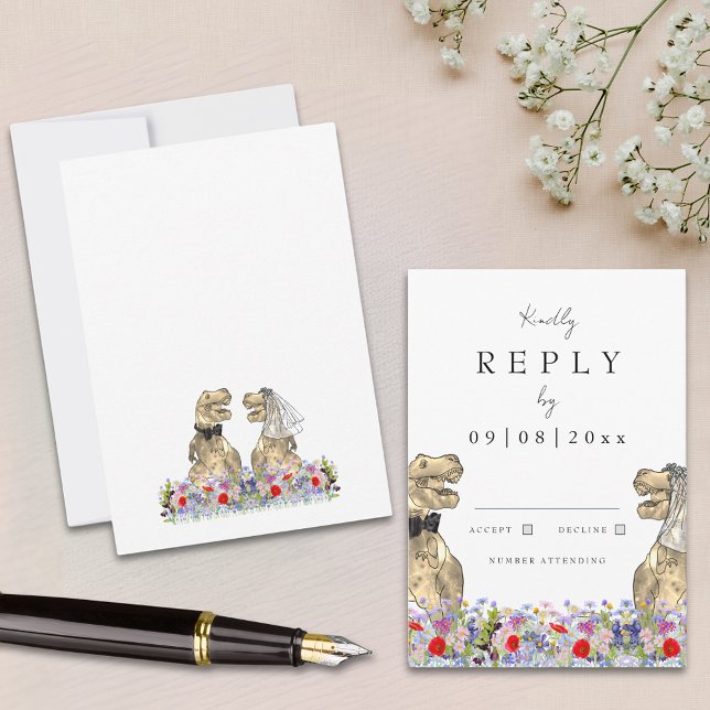 Respuesta del Boda de los dinosaurios del Boho de  (Dinosaur wedding invitation reply enclosure card with T-Rex bride and groom and colorful wildflowers)