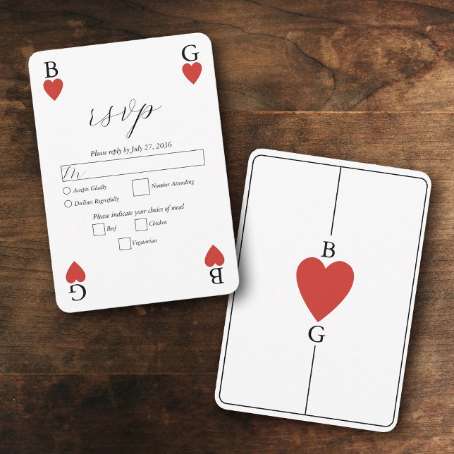 Respuesta del Boda de tarjetas de Monograma Reprod (Monogram Hearts Playing Card Wedding RSVP response)