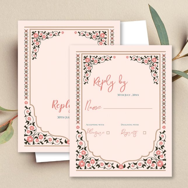 Respuesta del Boda del marco floral del borde orie (Vintage Oriental Border Floral Frame Wedding Reply RSVP Card)
