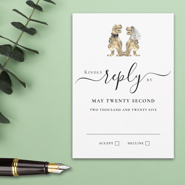 Respuesta del Boda del tema de los dinosaurios (T-Rex bride and groom funny dinosaur wedding rsvp card with elegant modern script )