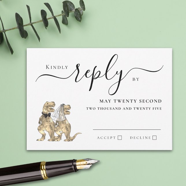 Respuesta del Boda del tema de los dinosaurios (T-Rex bride and groom funny dinosaur wedding rsvp card Modern elegant script)