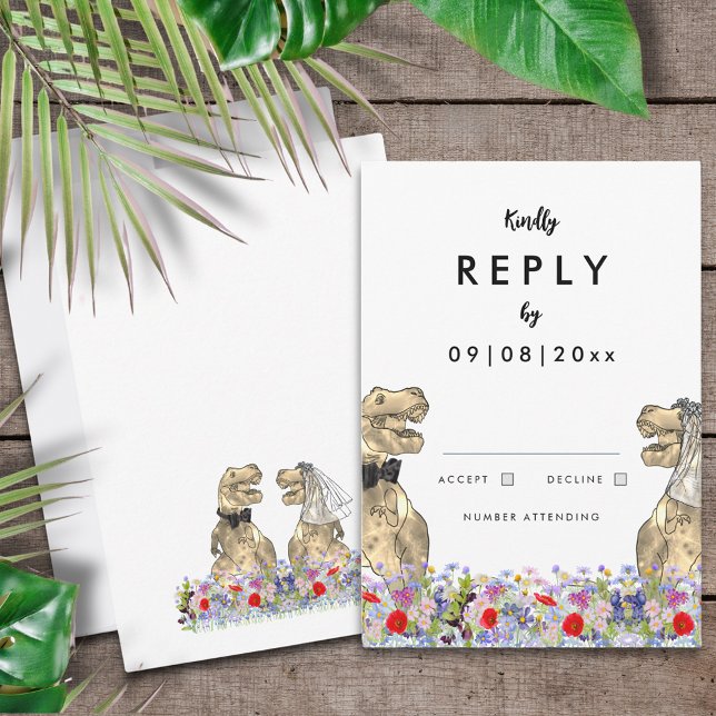 Respuesta del Boda del tema de los dinosaurios (T-Rex bride and groom fun dinosaur wedding reply enclosure card)