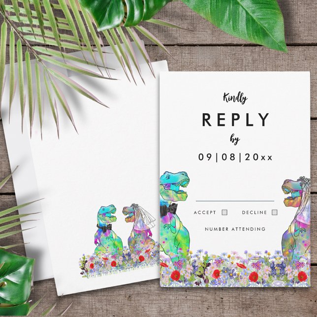 Respuesta del Boda del tema de los dinosaurios (Colorful T-Rex bride and groom in wildflower meadow dinosaur themed wedding reply enclosure card)