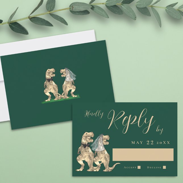 Respuesta del Boda del tema de los dinosaurios (T-Rex dino bride and groom dark green dinosaur wedding rsvp card elegant script)