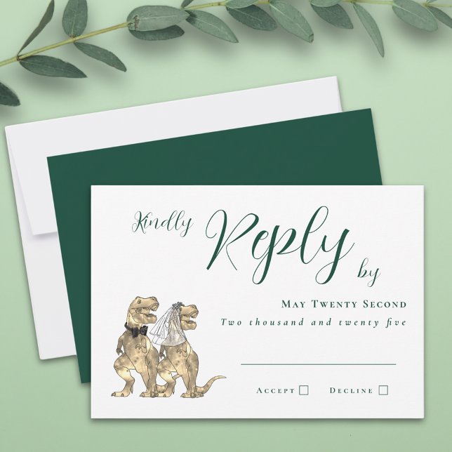 Respuesta del Boda del tema de los dinosaurios (Dinosaur theme dark green wedding invitation RSVP T-Rex dino bride and groom elegant script )