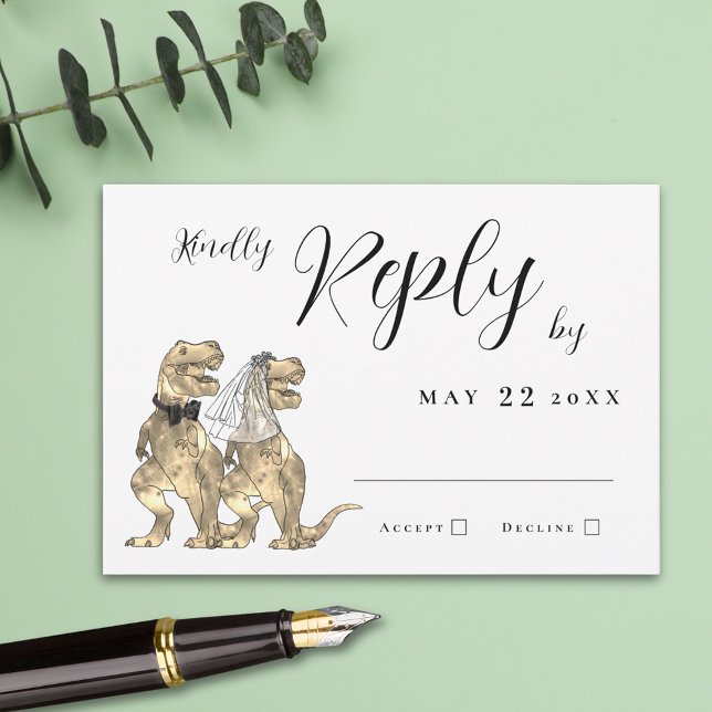 Respuesta del Boda del tema de los dinosaurios (T-Rex bride & groom funny dinosaur wedding RSVP card Elegant modern script simple minimalist design)