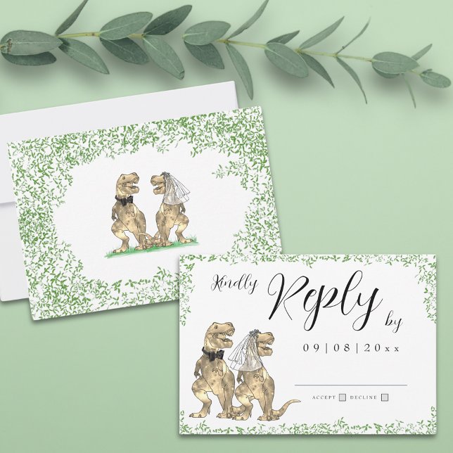 Respuesta del Boda del tema de los dinosaurios (Botanical dinosaur theme wedding invitation rsvp enclosure card with watercolor eucalyptus greenery )