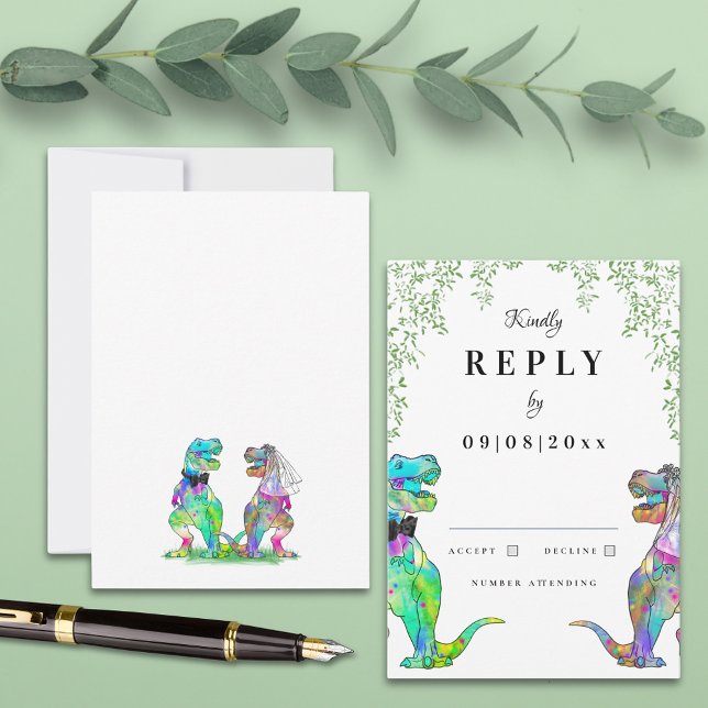 Respuesta del Boda del tema de los dinosaurios (Botanical dinosaur wedding invitation with qr code and watercolor eucalyptus foliage)
