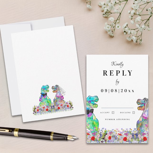Respuesta del Boda del tema de los dinosaurios (Colorful wildflower dinosaur wedding reply enclosure card)