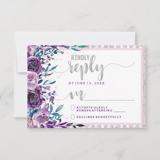 Respuesta del Boda morado floral y plateado RSVP (Anverso)