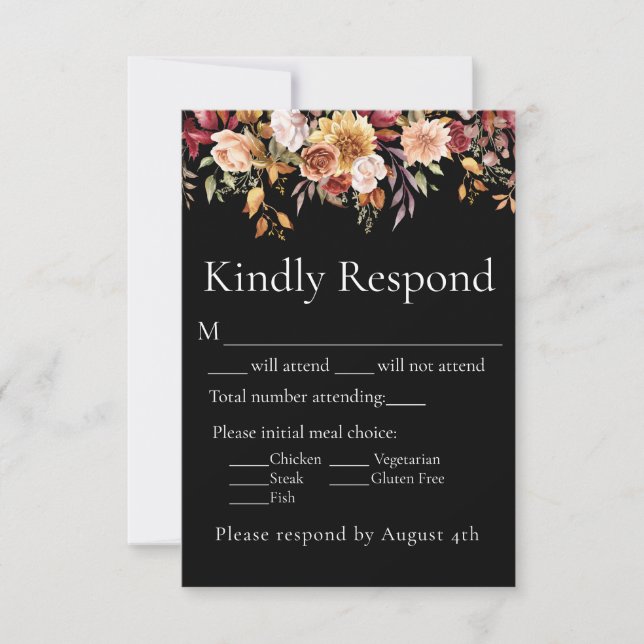 Respuesta del Boda negro floral Fall RSVP (Anverso)