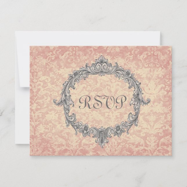 Respuesta del Boda RSVP de Ecru Peach Damask Vinta (Anverso)