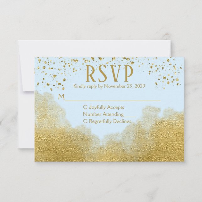 Respuesta del Boda RSVP de Ice Blue Gold Confetti (Anverso)