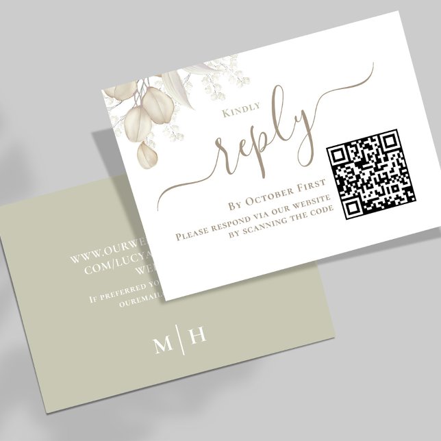 Respuesta del Personalizado RSVP de la boda verde (Simple Wedding reply card with a sage green background and QR code template.)