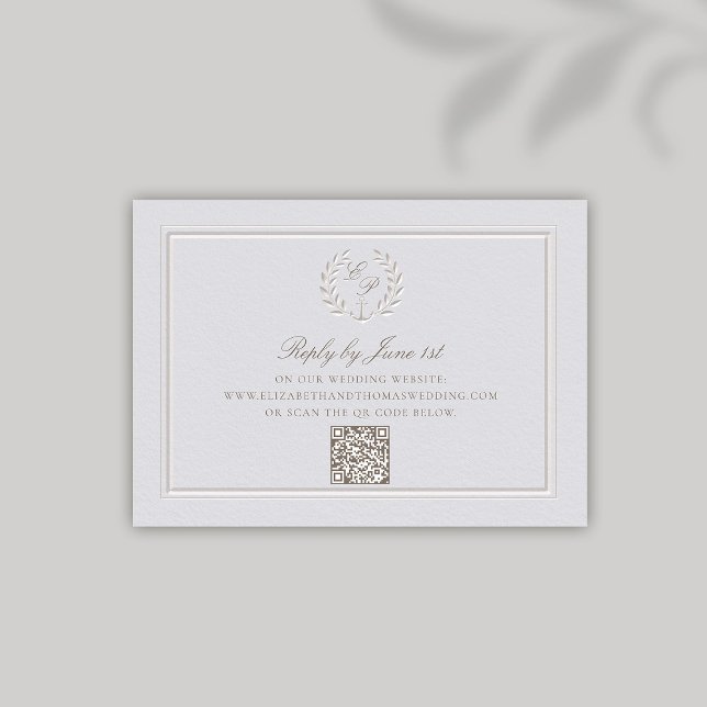 Respuesta formal del Boda QR de Anchor Náutico Wre (nautical wedding QR RSVP modern classic formal traditional faux embossed anchor crest monograms)