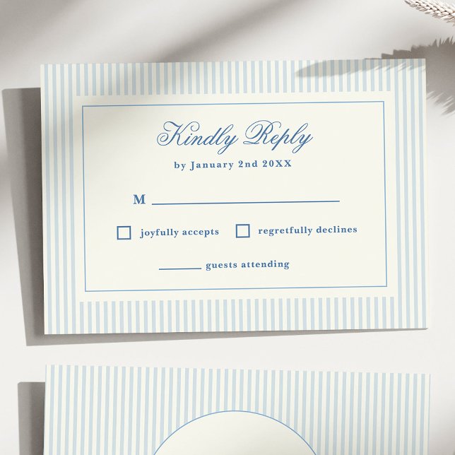 Respuesta Formal Preppy con Rayas Azules Francesas (classic blue stripes wedding RSVP card)