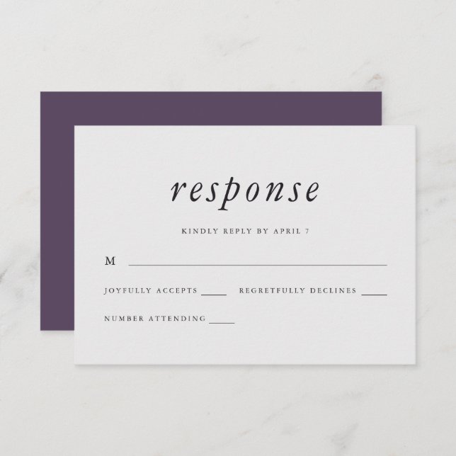 Respuesta Rsvp a la boda púrpura y gris minimalist (Anverso / Reverso)