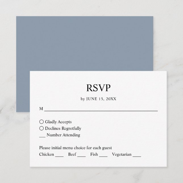 Respuesta RSVP a una simple boda azul turbia Minim (Anverso / Reverso)