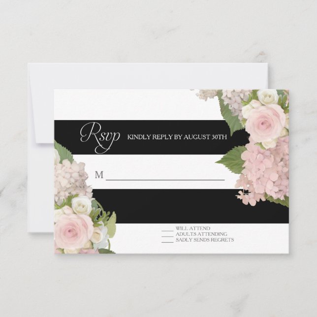Respuesta RSVP Blanco negro rayado con Bonito flor (Anverso)