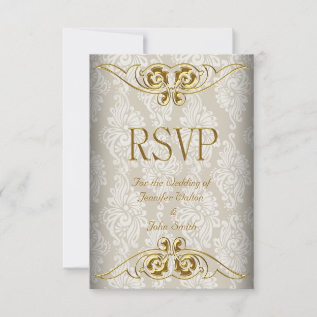 Respuesta RSVP Boda Beige Dorado Damasco (Anverso)
