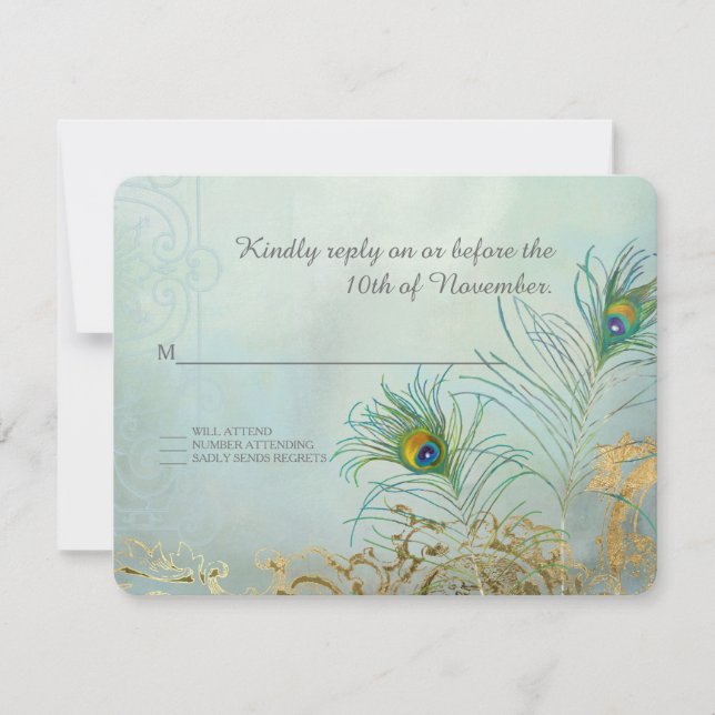 Respuesta RSVP Boda Elegante de oro de Feather Fea (Anverso)