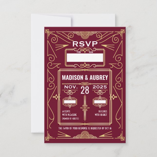 Respuesta RSVP de Art Deco Boda Gold Burgundy (Anverso)