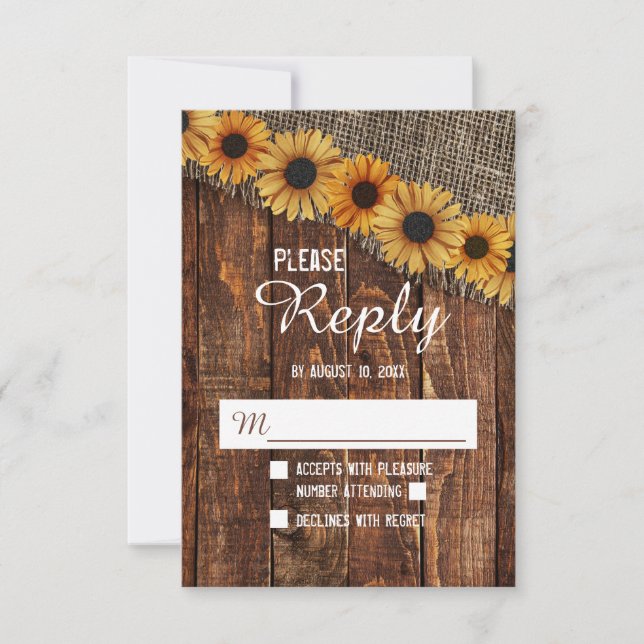 Respuesta RSVP de Boda de girasol y madera rústica (Anverso)