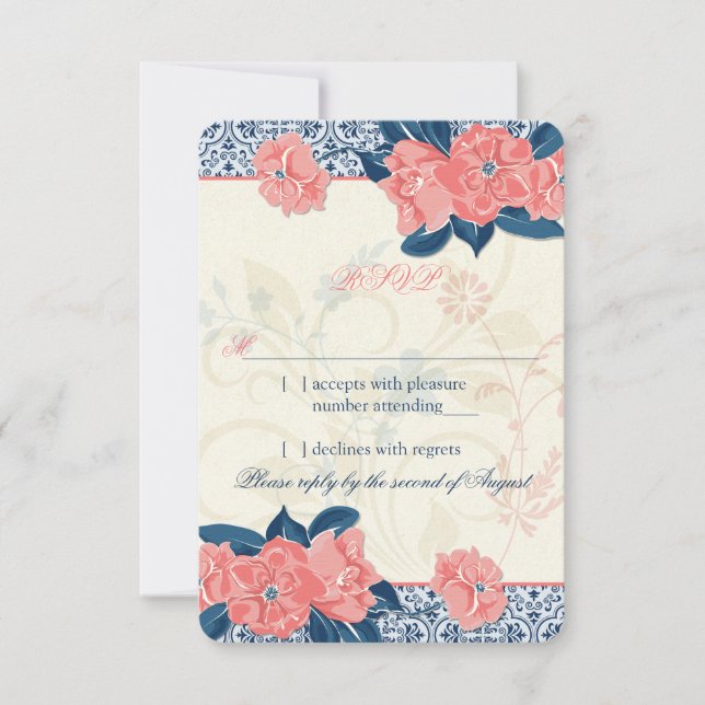 Respuesta RSVP de Boda Floral Azul de la Marina Co (Anverso)
