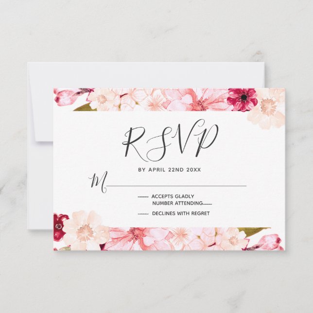 Respuesta RSVP de Boda Floral Borgoña y Rosa (Anverso)