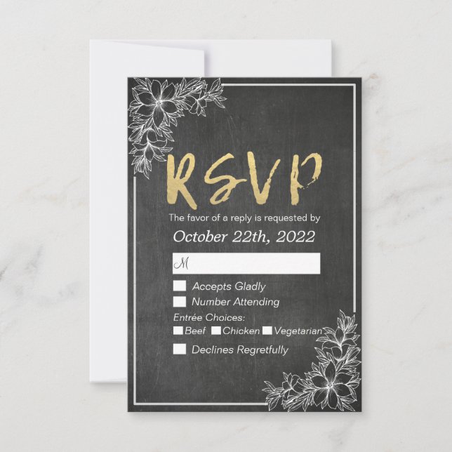 Respuesta RSVP de Boda Floral con guión de oro (Anverso)